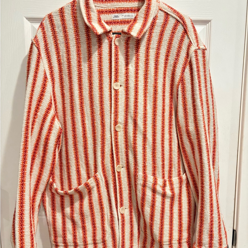 ZARA size Large Unisex Orange and white striped Shacket jacket fall